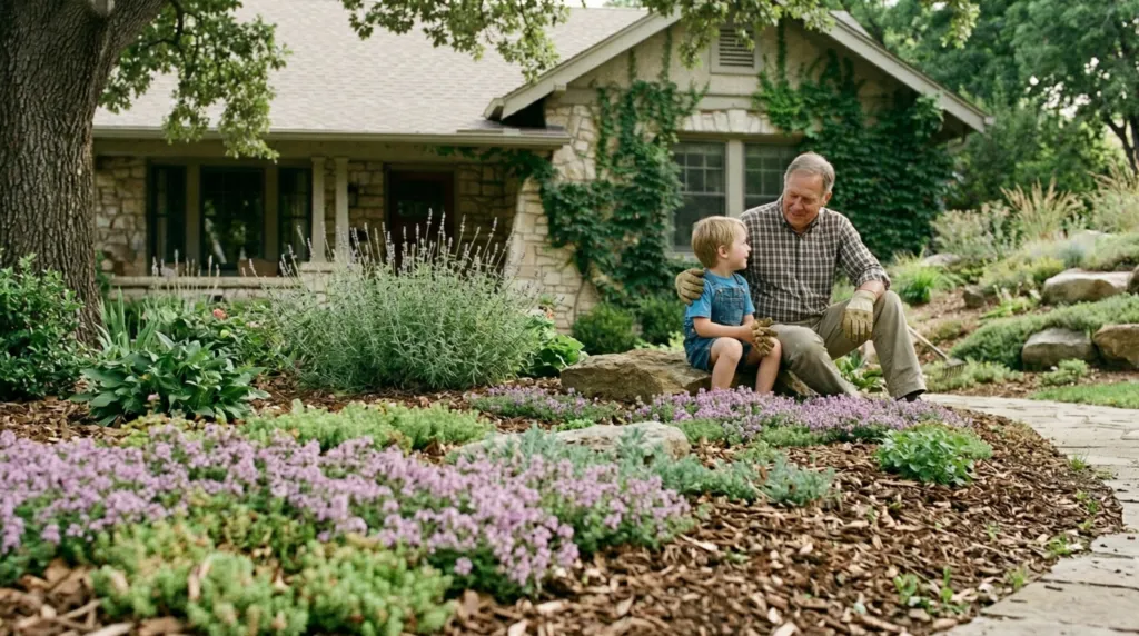 Grandfather and young grandchild sitting together in a low-maintenance front garden with creeping ground cover, lavender, mulch, and natural rock borders