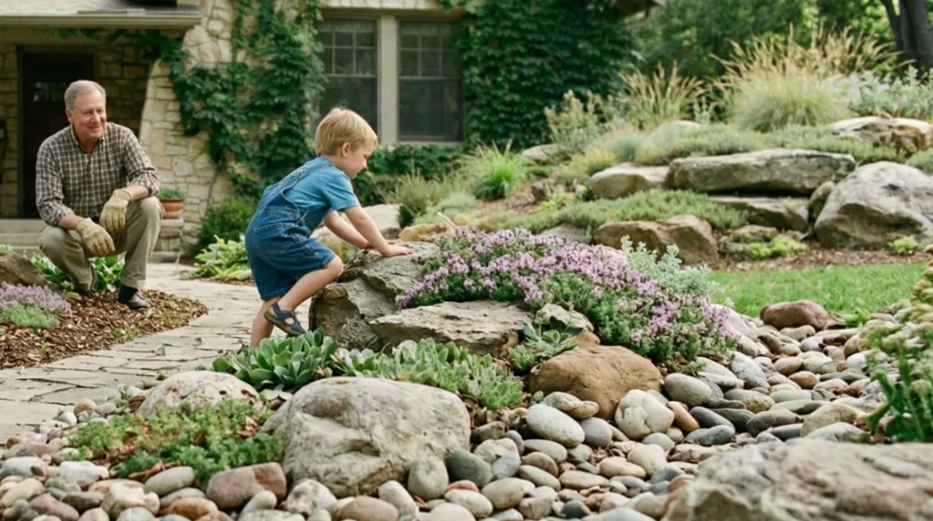 Young grandchild climbing rocks in a front yard rock garden with river rocks, succulents, creeping phlox, and large boulders while grandfather watches