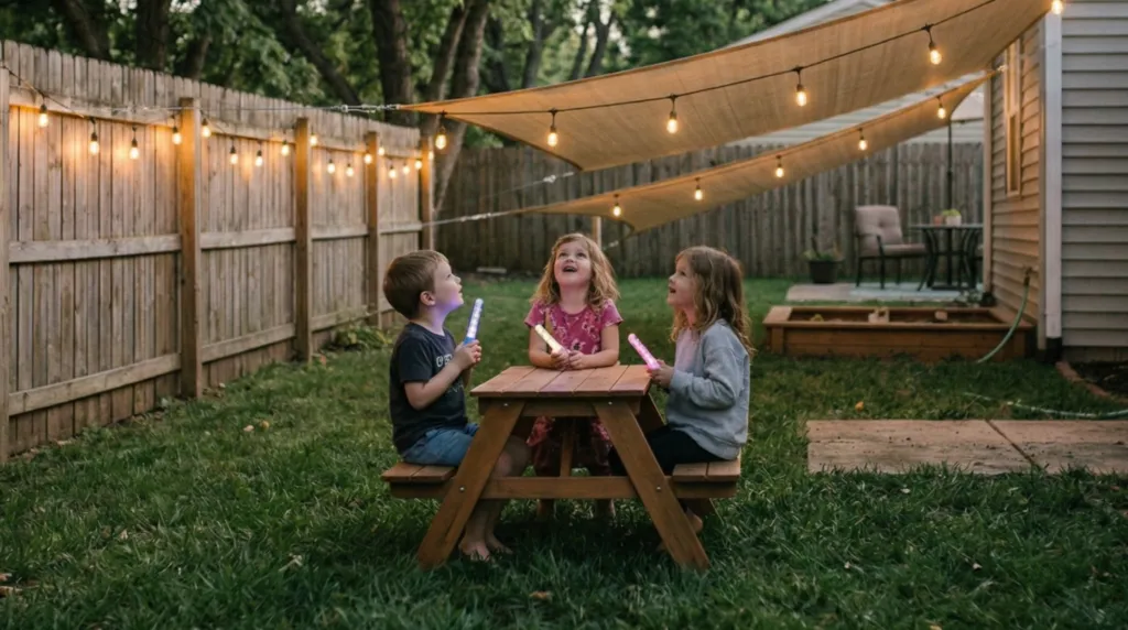 Kids sitting at a small picnic table with glow sticks in a backyard lit by string lights at dusk