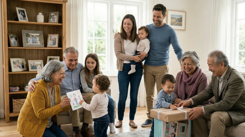 Both sets of grandparents together in a living room with parents and grandchildren, one toddler showing a handmade drawing to grandmother while another child opens a gift with the other grandparents