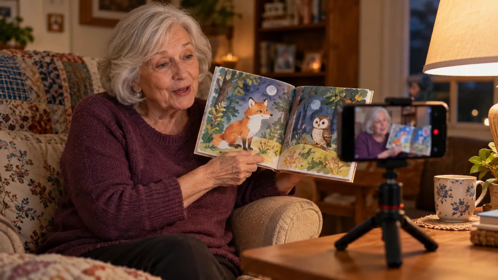 Grandmother in an armchair reading a picture book aloud to a phone on a small tripod, recording a bedtime story video