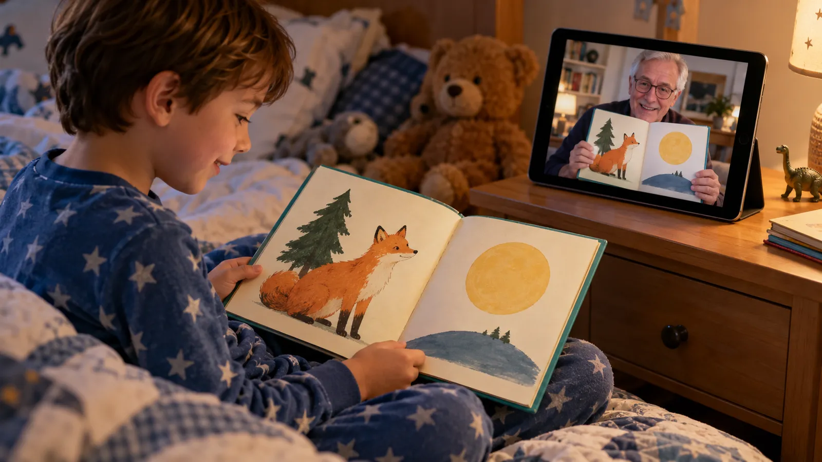 Boy in star pyjamas following along in his own copy of a fox picture book while his grandfather holds up the same book on a tablet video call