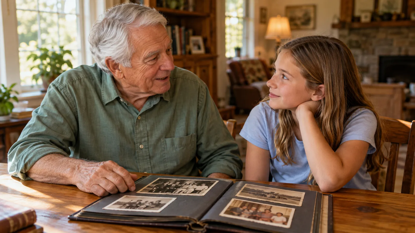 Grandfather sharing family stories with his granddaughter over an open photo album