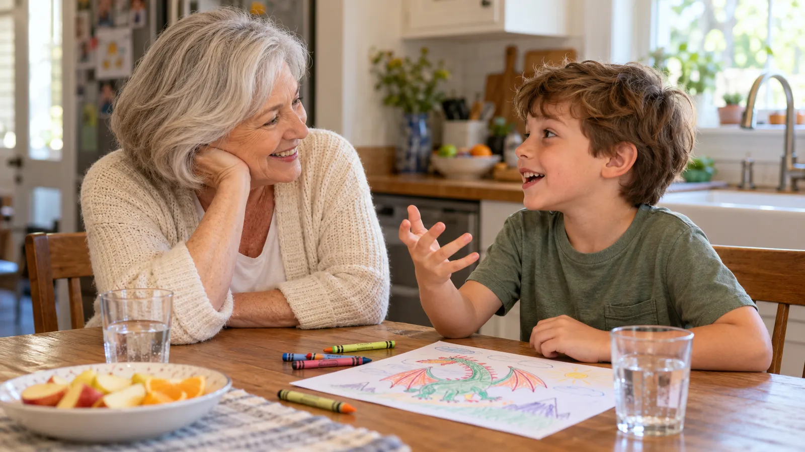 Grandmother listening as her grandson talks about a colourful dragon drawing at the kitchen table