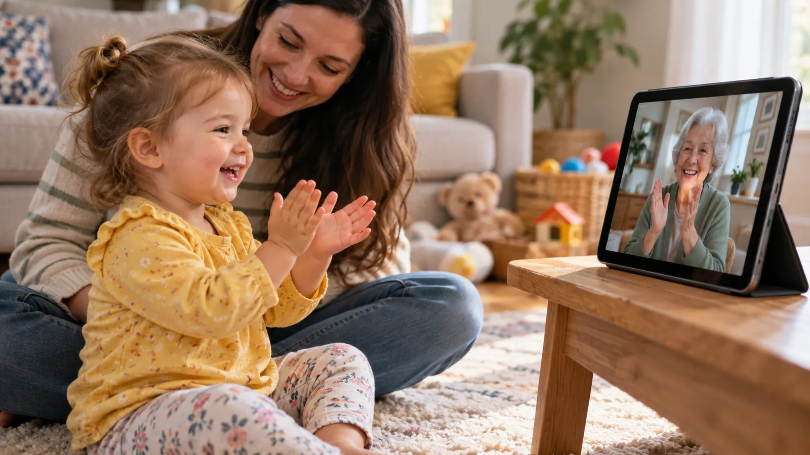 Toddler clapping along on her mother’s lap as her grandmother claps the same song on a tablet video call