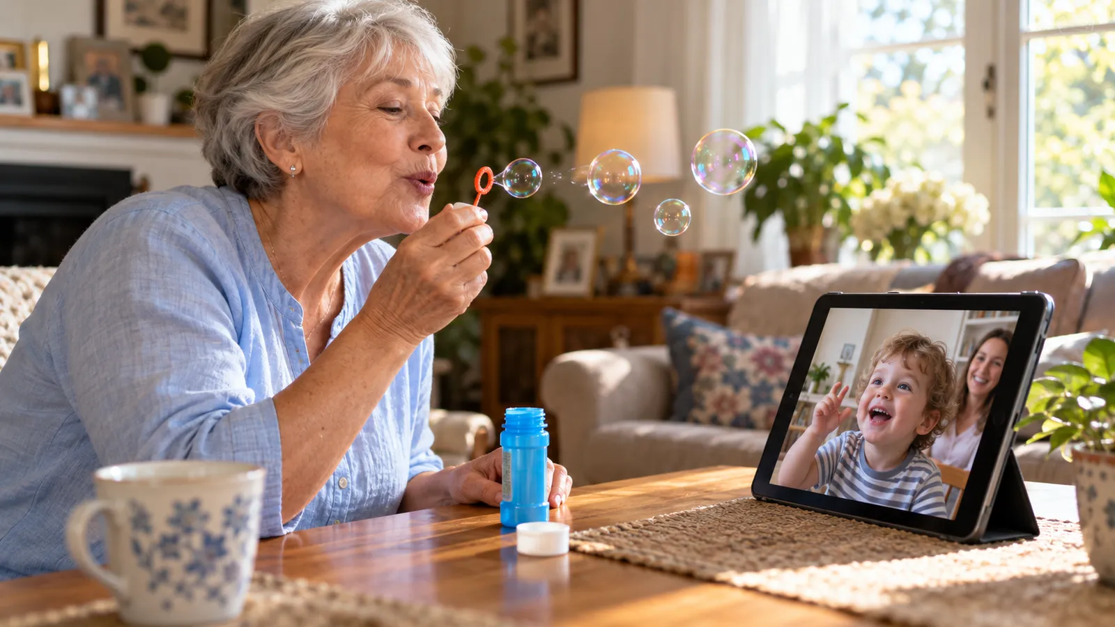 Grandmother blowing soap bubbles towards a tablet while a delighted toddler reaches for them on the video call