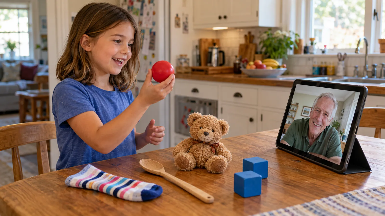 Girl at a kitchen table holding up a red ball for her grandfather on a tablet, with a striped sock, a wooden spoon, a teddy bear and blue blocks she has already found