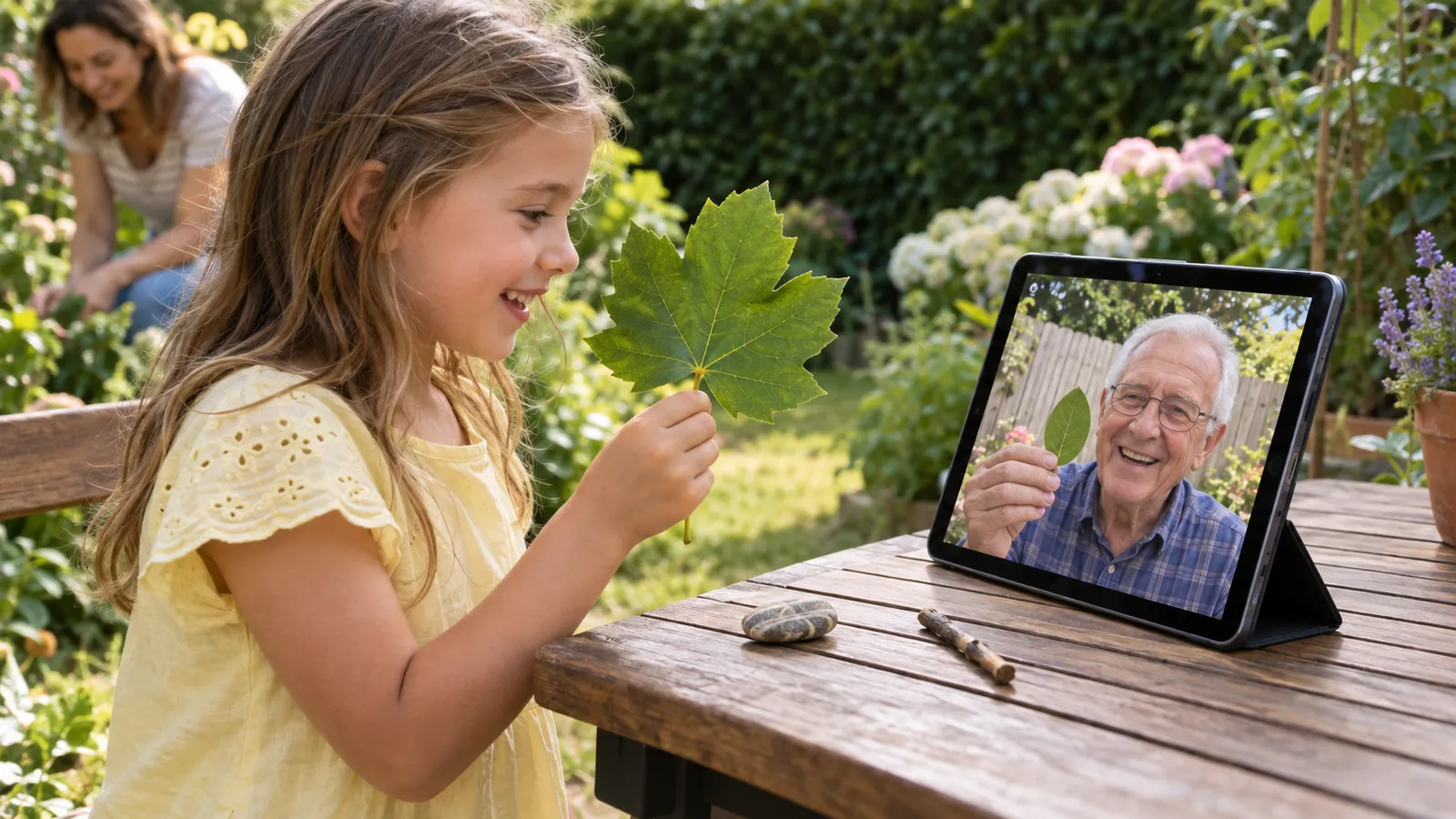 Girl in a garden comparing a big green leaf with the leaf her grandfather holds up on a tablet video call
