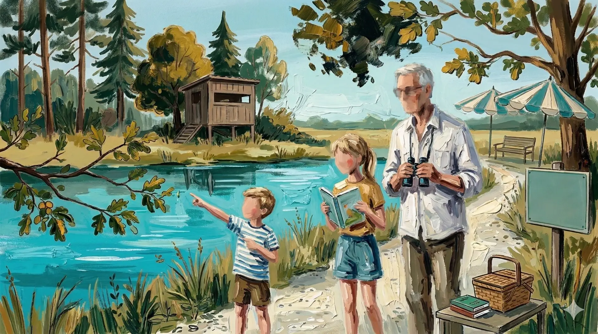 Grandfather birdwatching with his grandchildren