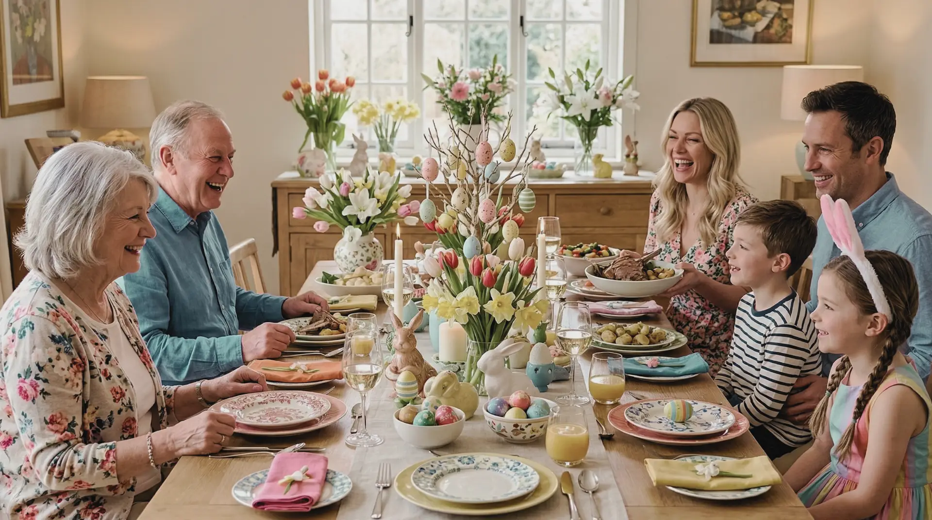 Grandparents having Easter breakfast with grandkids