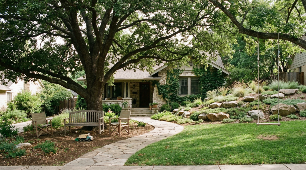 Front yard with large shade tree, flagstone path leading to front door, wooden bench, rock garden with low-growing plants, and a child's toy truck on the ground