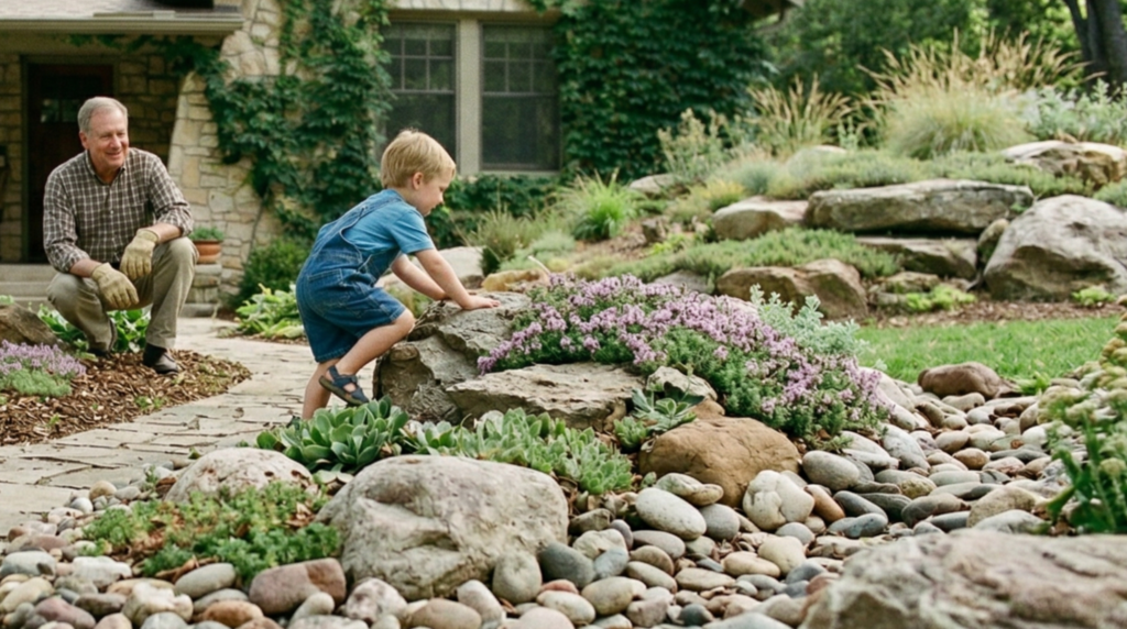 Young grandchild climbing rocks in a front yard rock garden with river rocks, succulents, creeping phlox, and large boulders while grandfather watches