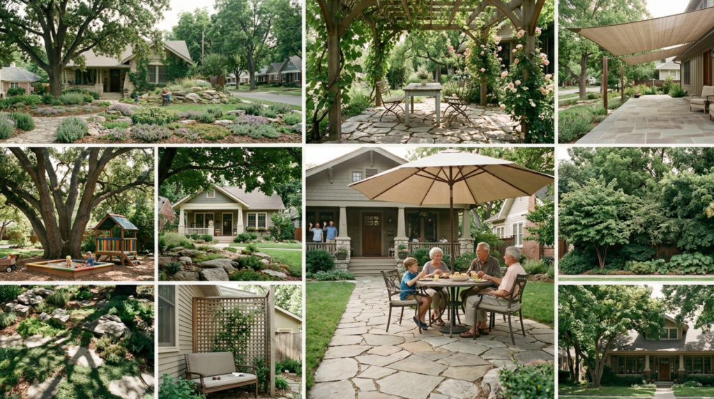 Collage of front yard shade ideas including a mature shade tree, vine-covered pergola, shade sail, patio umbrella over a seating area, and a shaded play space for grandchildren