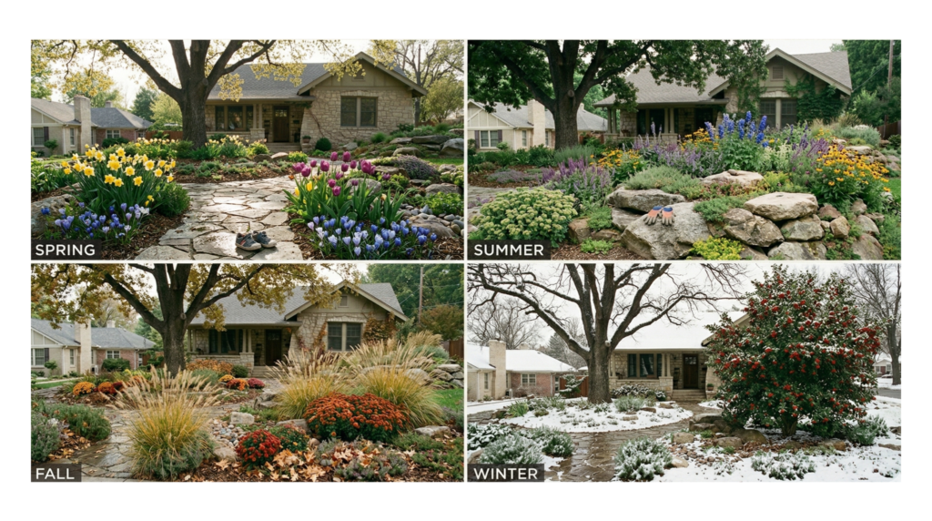 Four-season front yard landscape showing the same house in spring with daffodils and crocuses, summer with colorful perennials, fall with ornamental grasses and mums, and winter with holly berries and snow