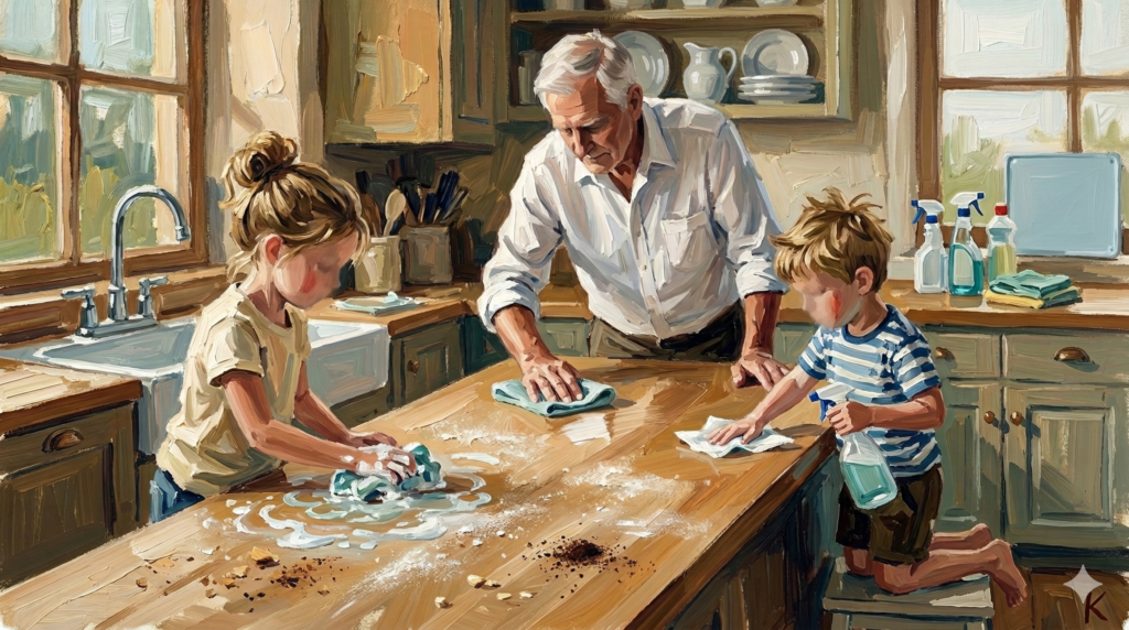 Grandfather baking and cleaning with grandkids
