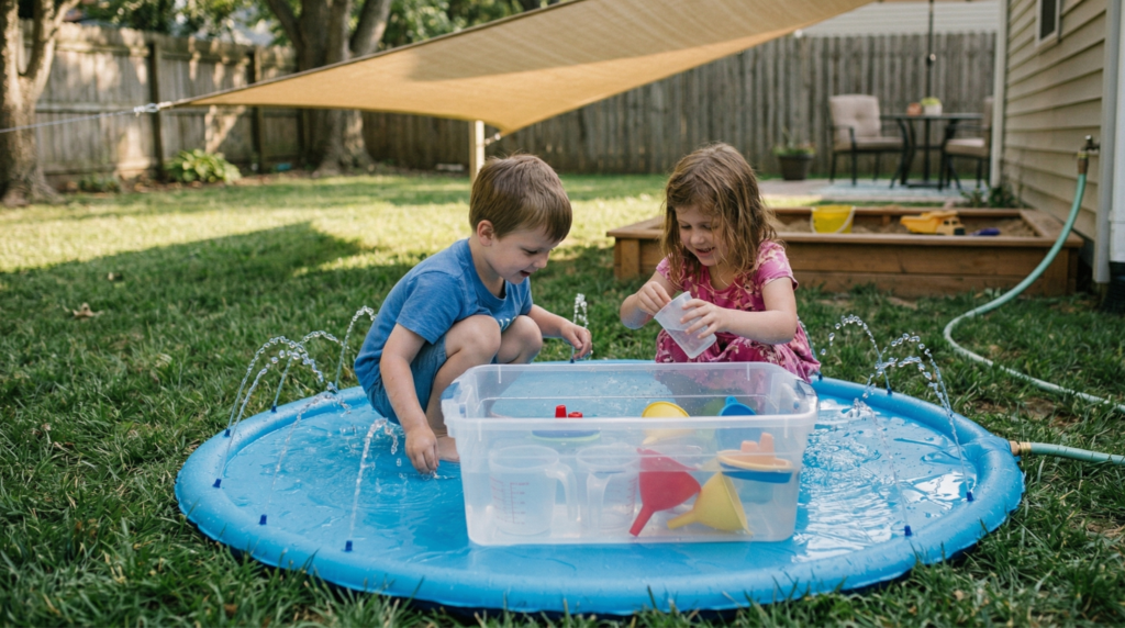 kids playing in the water in the backyard