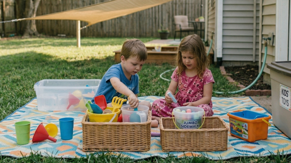 A small backyard play zone with an outdoor rug, toy baskets, and a sail shade for cover