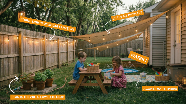 Small backyard oasis for kids with shade, string lights, water play, plants, and a kids' zone