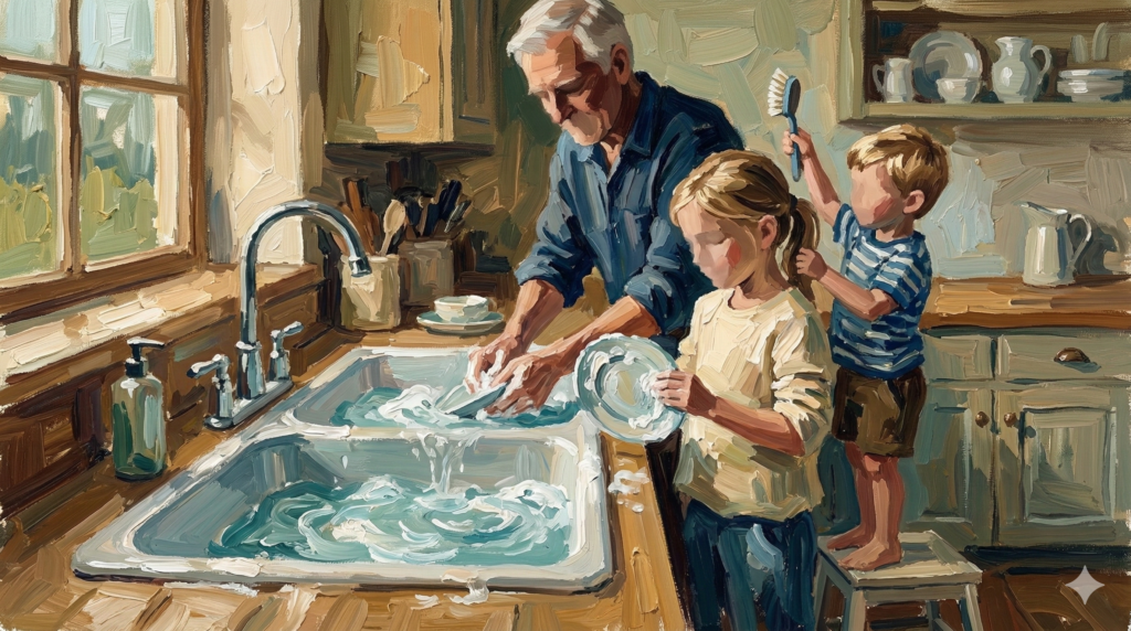 grandparent washing dishes with grandkids