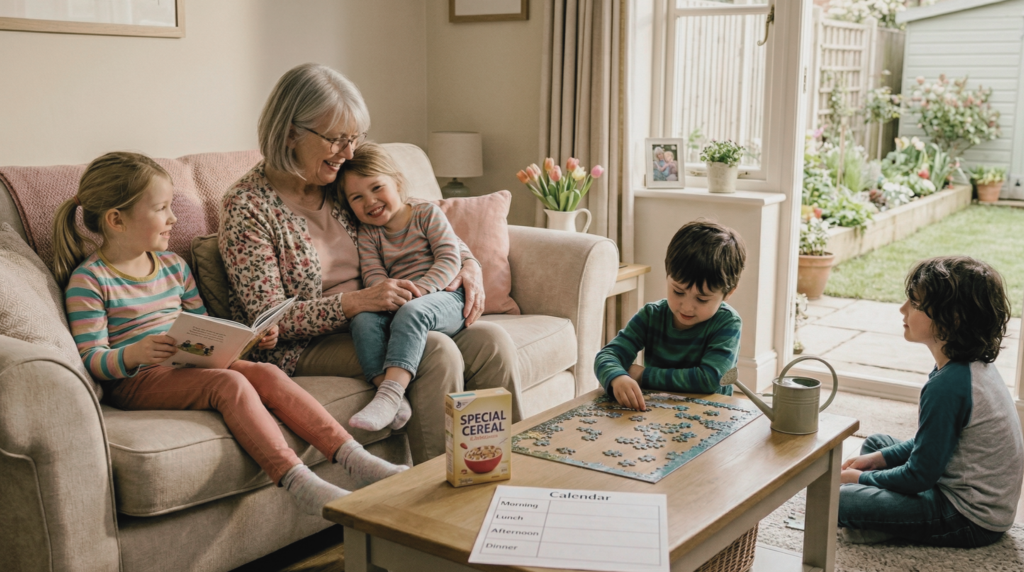 Grandmother on the couch with grandchild on her lap while one grandchild reads a book and two others work on a jigsaw puzzle, with a simple daily schedule and cereal box on the coffee table