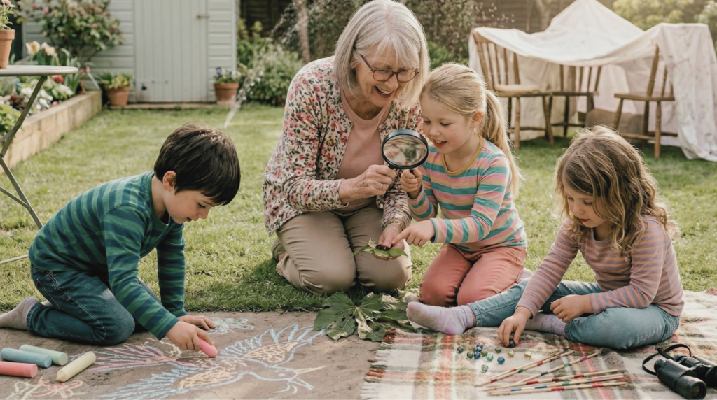 Grandmother and three grandchildren exploring the backyard during grandma camp, with chalk drawings on the patio, a magnifying glass for bug hunting, marbles, pick-up sticks, and a makeshift den in the background