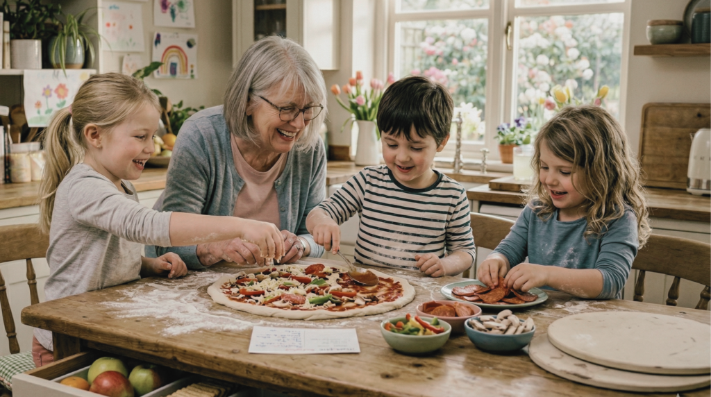 Grandmother and three grandchildren making homemade pizza together at the kitchen table, with flour on the surface and bowls of toppings like pepperoni, peppers, and mushrooms