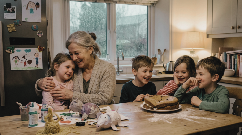Grandmother hugging a grandchild at a messy kitchen table after a day of grandma camp, with papier-mâché crafts, paint supplies, a homemade cake, and children's drawings on the fridge behind them