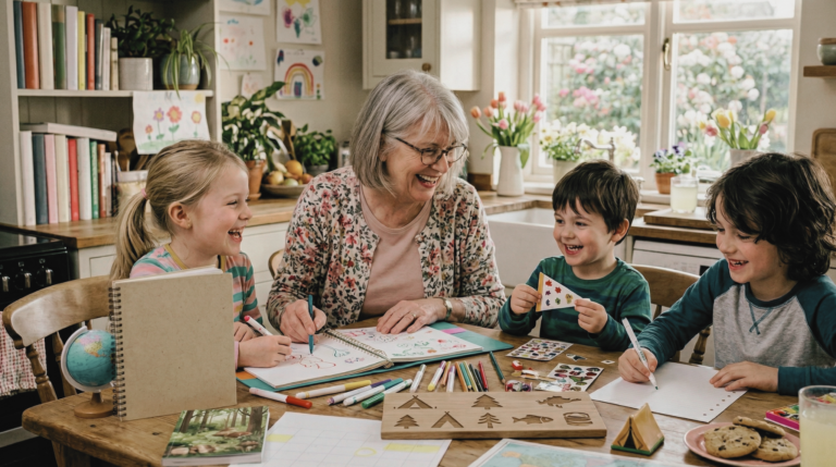 Grandmother laughing with three grandchildren while doing arts and crafts at a kitchen table during grandma camp, with markers, stickers, and wooden craft supplies spread across the table