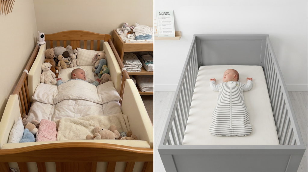 Side by side comparison of old-style crib filled with stuffed animals blankets and pillows versus modern safe sleep crib with baby sleeping on back in a sleep sack on a bare mattress