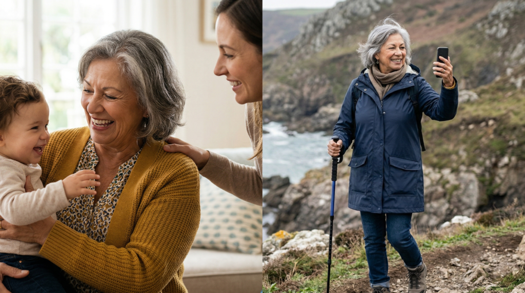 New grandmother laughing while holding a baby grandchild with her daughter beside her, paired with an older woman hiking on a coastal trail while video calling on her phone