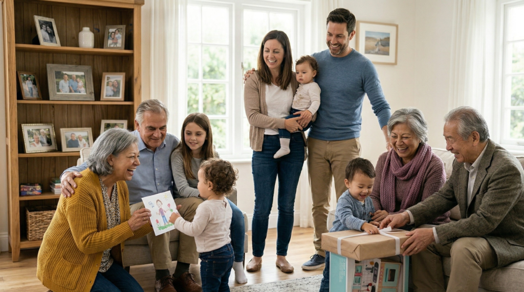 Both sets of grandparents together in a living room with parents and grandchildren, one toddler showing a handmade drawing to grandmother while another child opens a gift with the other grandparents